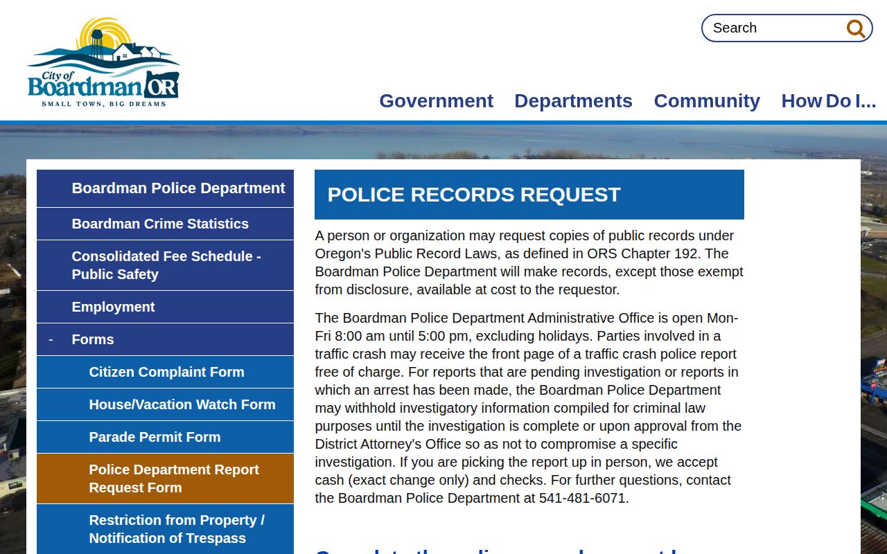 Morrow County Boardman Police Department booking-record request information