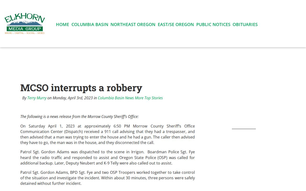 Morrow County agency-attributed MCSO event news report