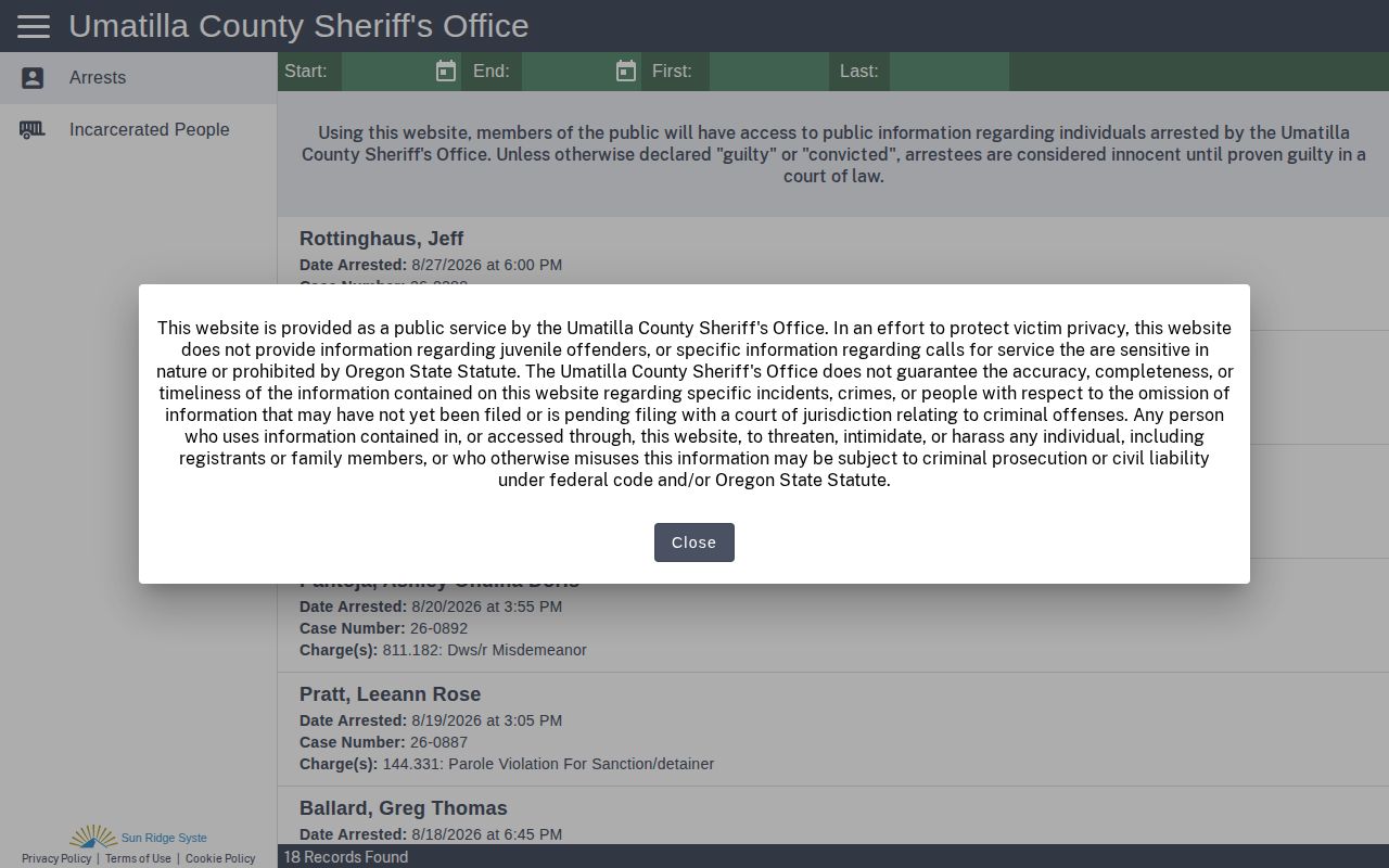 Umatilla CitizenRIMS roster search for Morrow County current custody records