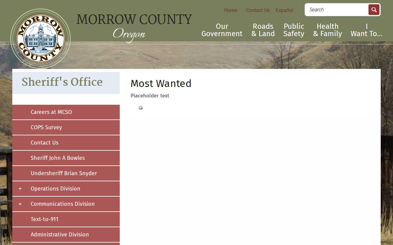 Morrow County official Most Wanted placeholder page