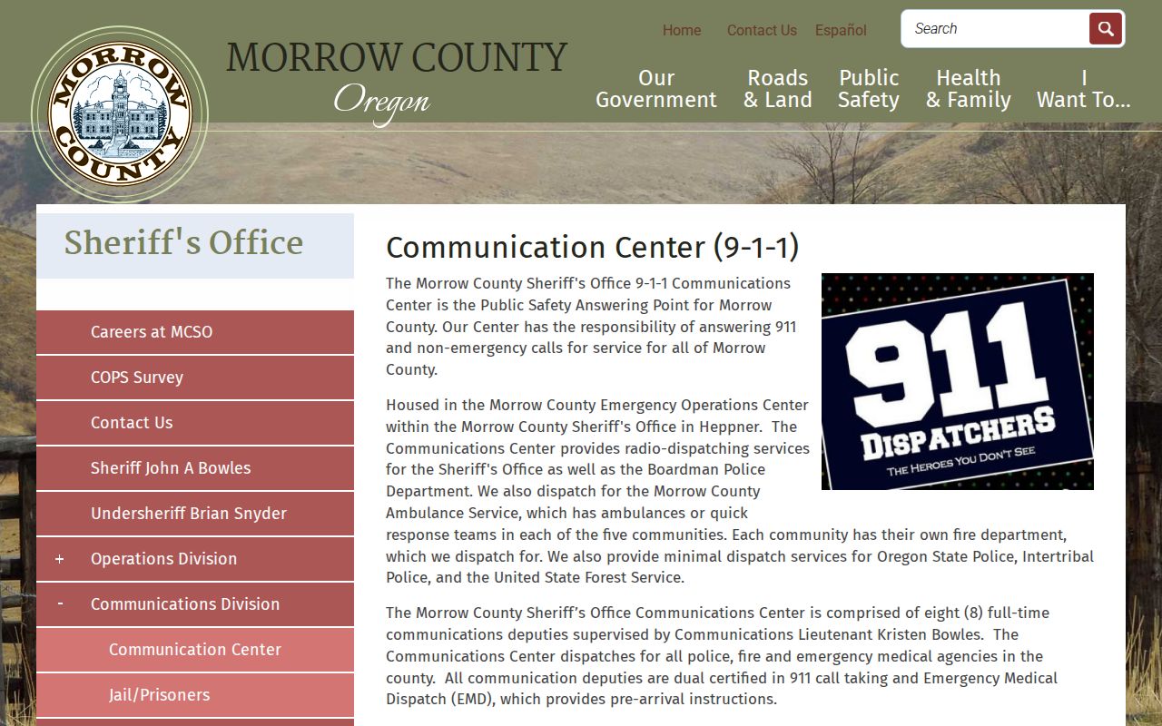 Morrow County Sheriff communications warrant-dispatch page