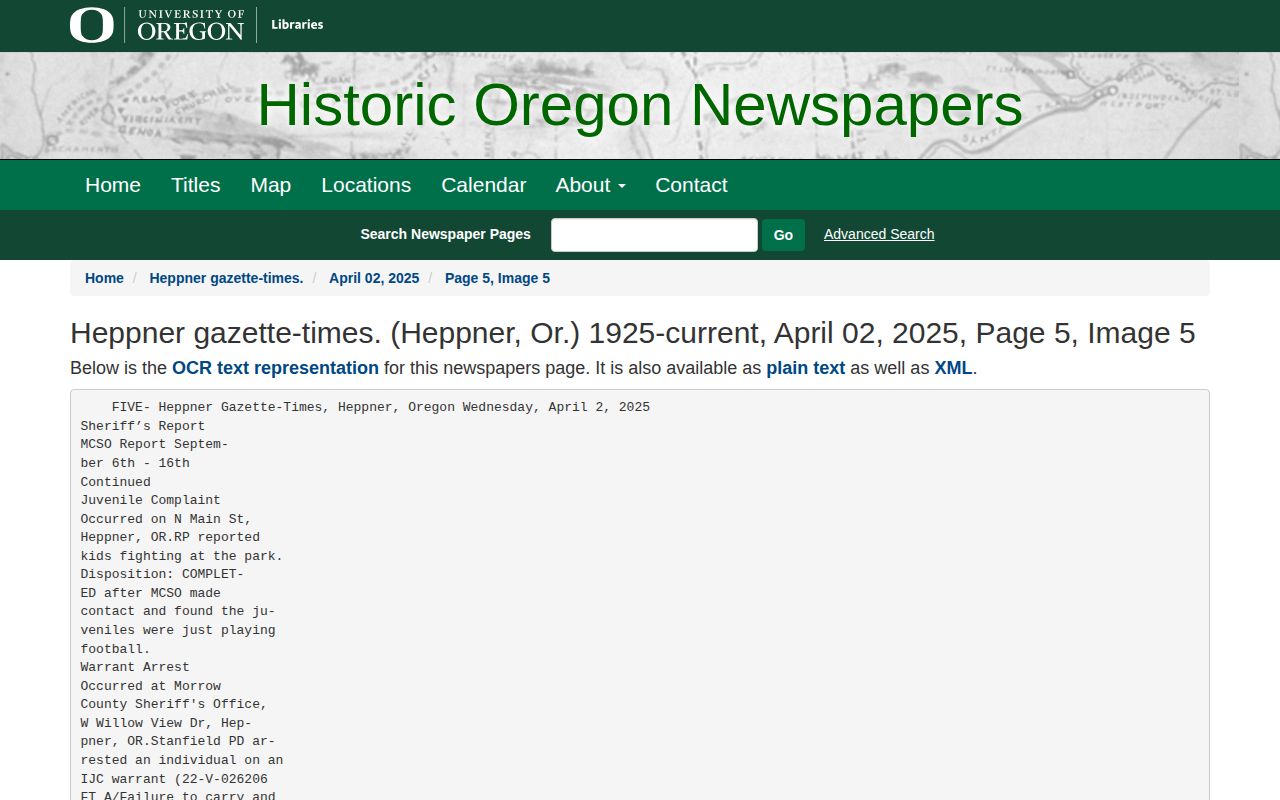 Morrow County Gazette-Times Sheriff Report newspaper archive