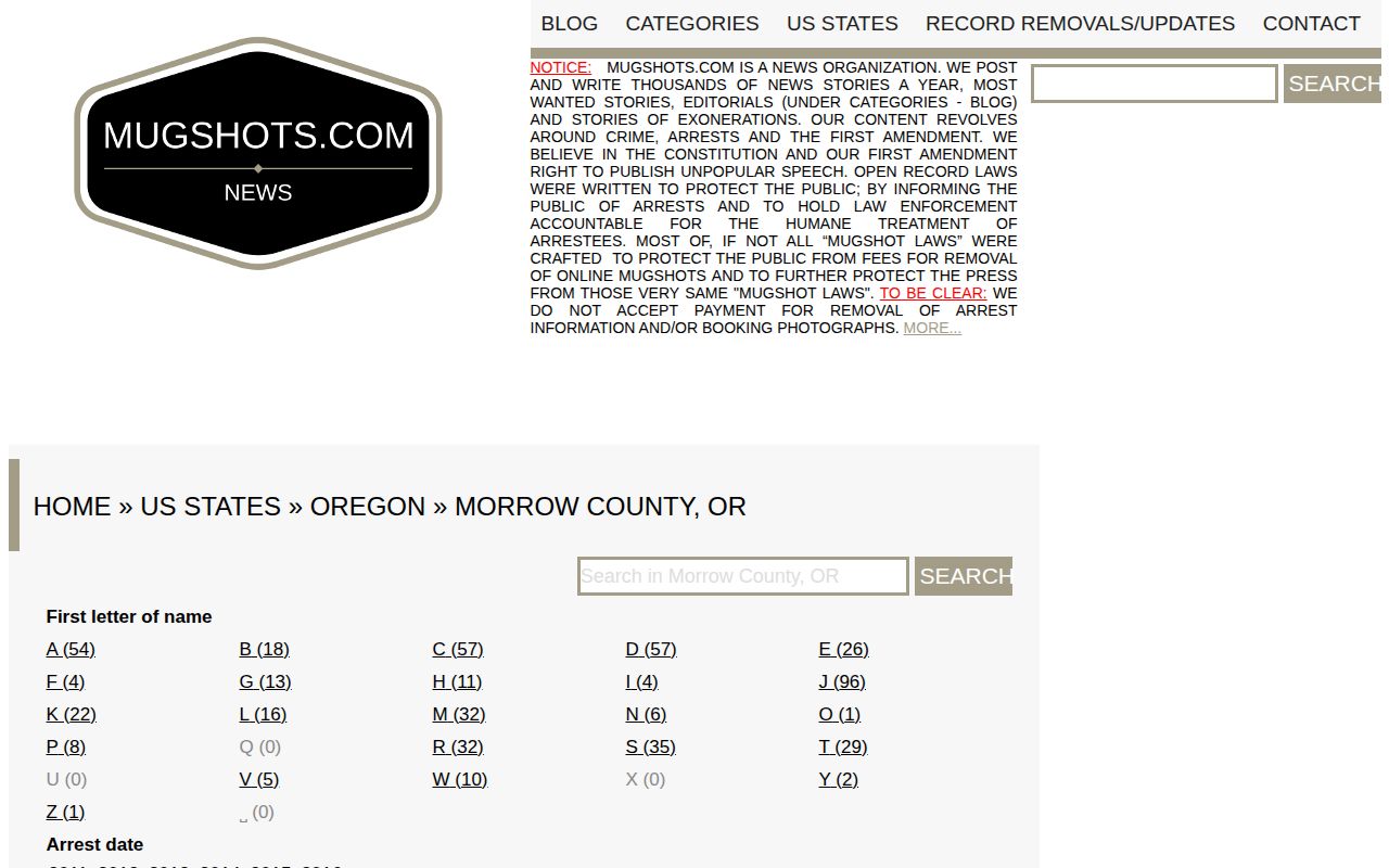 Morrow County Mugshots.com historical records index