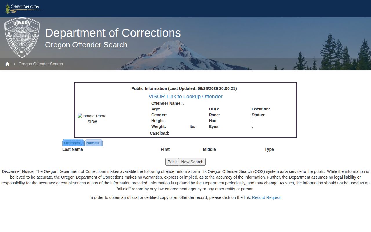 Oregon Department of Corrections offender search for Morrow County post-sentence records